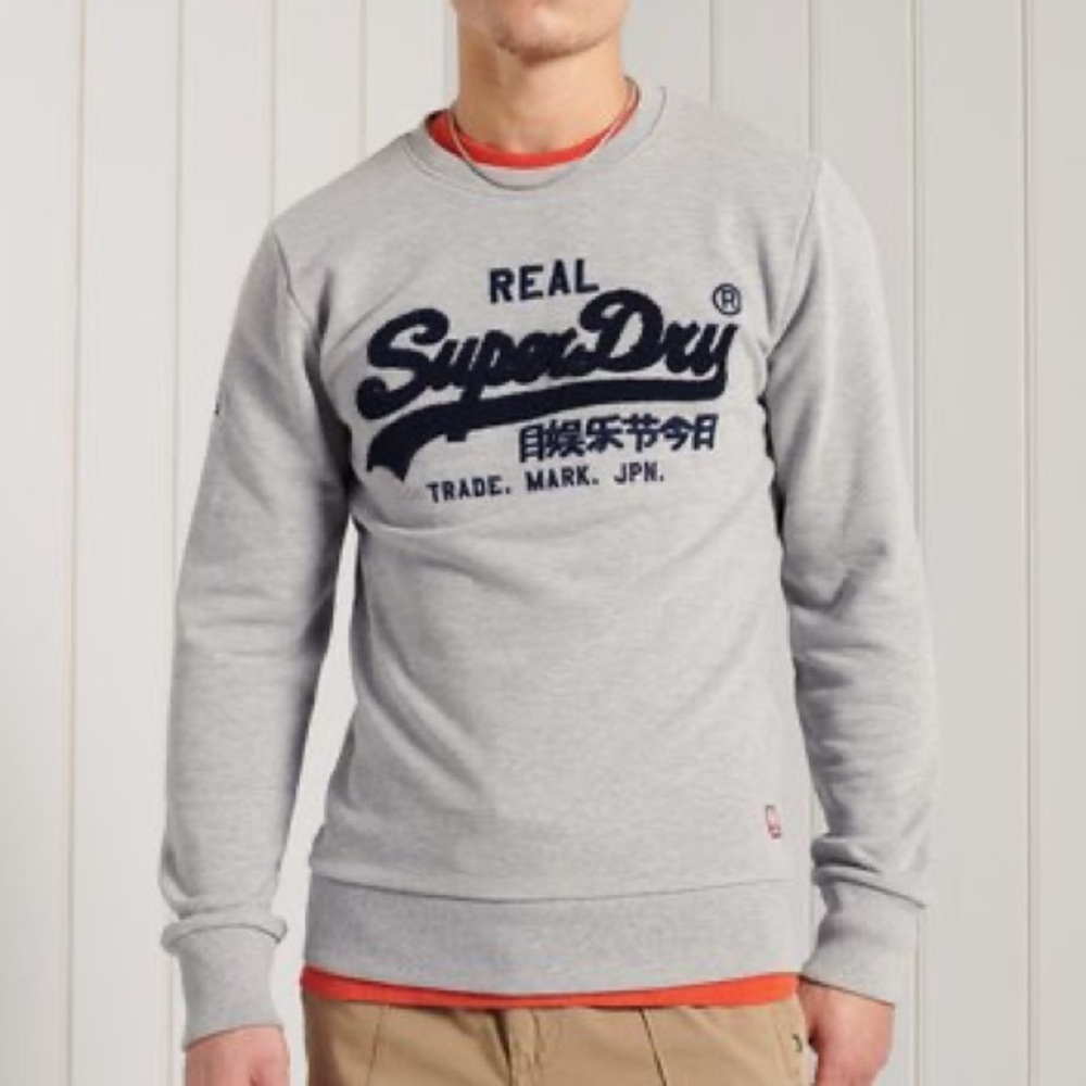 Superdry Vintage Logo Chenille Loopback Crew Sweatshirt Gray Navy Slim Fit M